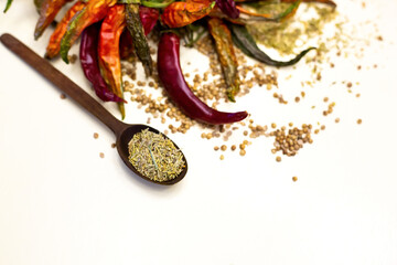 Dried red peppers and spoon with rosemary. Different spices. On a white background.