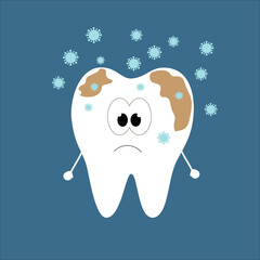 A dirty sad tooth, around which germs fly.