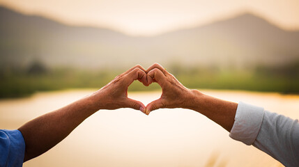 Love and Valentine day concept. A happy senior couple showing heart sign, love symbol, happy...