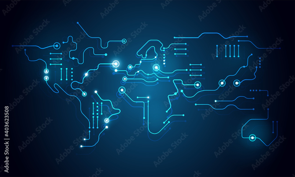 Wall mural high tech abstract technology background - world map circuit board shape - vector