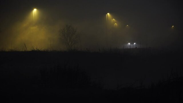 Vehicle headlights through thick swamp fog at night Iceland