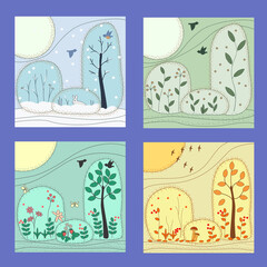 Set of illustrations of the seasons. Autumn winter spring Summer. Vector flat illustration.