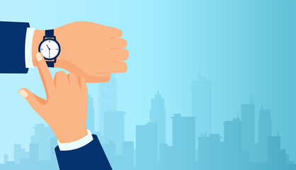 Vector of a business man hand checking time on a cityscape background.