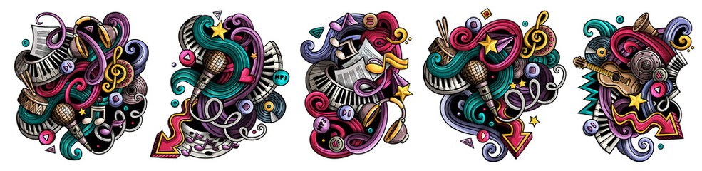 Music cartoon raster doodle designs set