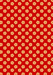 金の梅模様のある赤色の背景デザイン、和紙テクスチャー