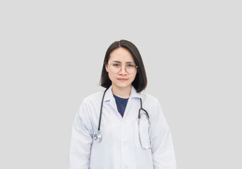 Portrait female doctor standing on white background in uniform wear glasses and stethoscope, copy space. medical-care concept