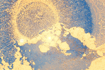 Bright blue and gold stone marble texture with glowing lights. Alcohol ink technique abstract vector background. Modern paint with glitter. Template for banner, poster design. Fluid art painting