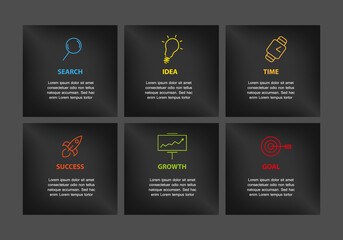 Vector six icon menu company business succes plan with place for text