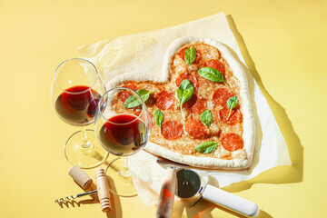 concept of romantic dinner for two with red wine and pizza in the shape of a heart. dinner for valentine's day