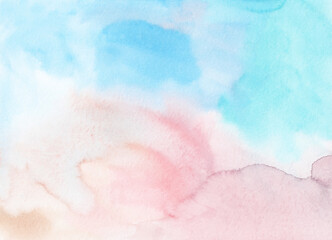 Watercolor pastel blue, coral and white background painting texture. Liquid multicolored watercolour light backdrop. Stains on paper.