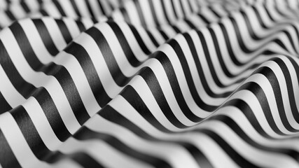 3D black and white striped cloth background. Abstract wave fabric background. Black and white wavy striped silk. 3D illustration, 3D rendering.