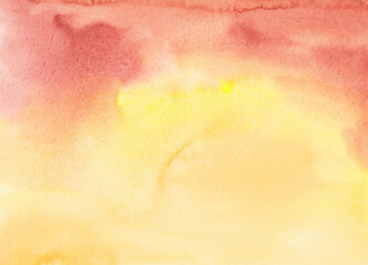Watercolor bright yellow, peach and reddish-brown background. Stains on paper, blurred backdrop.