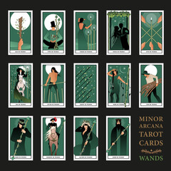 Minor Arcana Tarot cards. Wands From Ace to the figures of the Court. JPG High resolution - obrazy, fototapety, plakaty