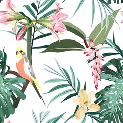Seamless pattern with tropical parrots. Colorful exotic yellow Bird, leaves and pink flowers, plants and branches art print for textile, fabric, covers.