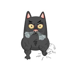 Vector black cat bully, jock, blows air through his nostrils. Aggression, assault, hostility. Funny character design
