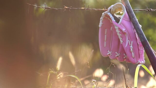 Footage Slow Motion: Softball glove hung on a barbed wire fence