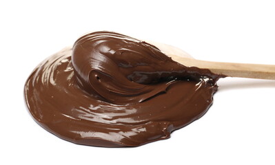 Cream chocolate spread in wooden spoon isolated on white background