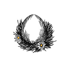 Easter eggs with grass wreath and  flowers engraved sketch style vector