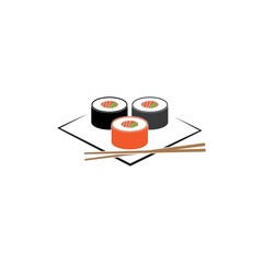 Sushi and rolls with chopstick bar or restaurant vector logo template.