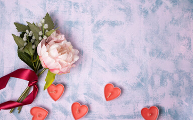 Valentines Day Background- heart sign made of eustoma flowers, selective focus, bokeh