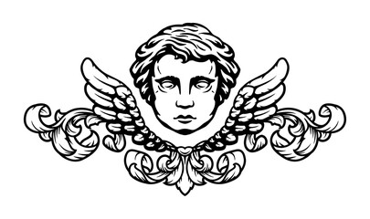 Angel with wings and vintage pattern. Vector illustration.