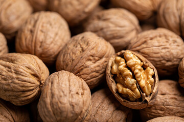 Whole Walnut closeup. Nuts background