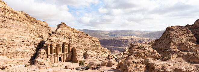 (Selective focus) Stunning view of the Ad Deir - Monastery in the ancient city of Petra. Petra is a...