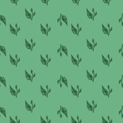 Little seamless pattern with doodle leaves branches elements. Green pastel background.