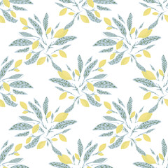 Isolated abstract seamless food pattern with blue leaves and yellow lemon print. White background.