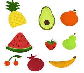fruits combo pineapple, avocado, orange, water melon, strawberry, pear, cherry, banana, pomegranate
