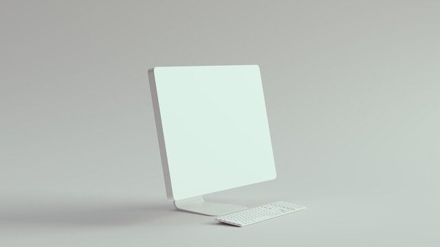 White Desktop Computer And Slim Keyboard 3d Illustration Render