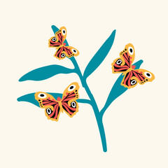 Illustration of a butterfly on a flower. Cute little insects hover near the flower. Doodle picture of soaring, colored, winged, with whiskers pollinating flying flowers. For your spring or summer