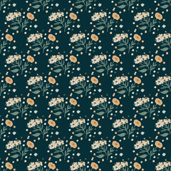 Abstract little yarrow ornament seamless pattern in doodle style. Dark background.