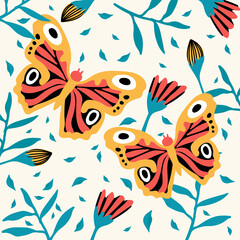 Fototapeta na wymiar A pair of cute butterflies. A variety of insects fly near flowers. Doodle picture of soaring, colored, antennae, winged in nature. Tropical butterflies for spring or summer poster. Vector illustration