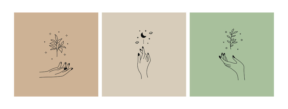 Abstract female hands logo. Hand drawn boho feminine fingers with flower, moon shapes. Linear vector illustration
