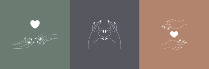 Fotobehang Abstract linear feminine logo design. Boho minimalhands hearts symbols for fashion beauty products. Vector illustration © Yelyzaveta