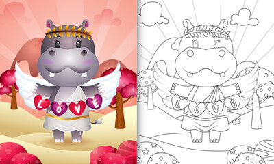 coloring book for kids with a cute hippo angel using cupid costume holding heart shape flag