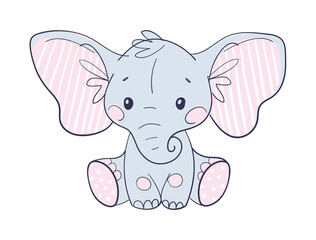 Cute sitting toddler elephant with big ears and trunk. Cartoon flat character, toy or doll. Vector illustration isolated on white background