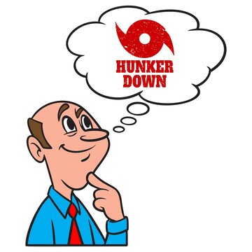 Thinking About Hunkering Down - A Cartoon Illustration Of A Man Thinking About Hurricane Season Preparation.