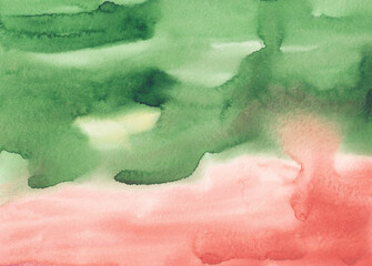 Watercolor light coral and green abstract background texture. Stains on paper.