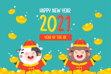 Happy chinese new year 2021 Cartoon cow holding gold blessing chinese new year.