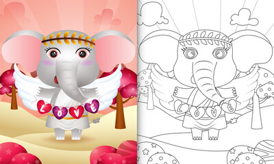 coloring book for kids with a cute elephant angel using cupid costume holding heart shape flag
