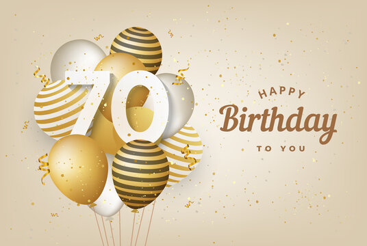 Happy 70th birthday with gold balloons greeting card background. 70 years anniversary. 70th celebrating with confetti. Vector stock	