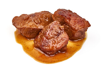 Meat stew, goulash with sauce, isolated on white background
