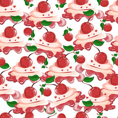 Cherry and cream pattern. Clouds and hearts. Valentines Day. For print and web pages.