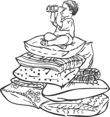 Vector black and white illustration of a boy sittings on a pile of pillows with binoculars. Little boy on outpost.