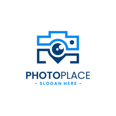 Photo point logo design template. Abstract combination of camera with navigation pin icon vector. Concept of place for photography. Flat style for graphic design, logo, web, UI.