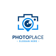 Photo point logo design template. Abstract combination of camera with navigation pin icon vector. Concept of place for photography. Flat style for graphic design, logo, web, UI.