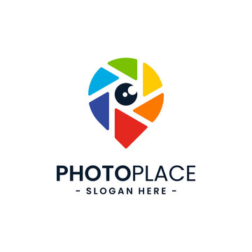 Colorful photo point logo design template. Abstract combination of camera with navigation pin icon vector. Concept of place for photography. Flat style for graphic design, logo, web, UI.