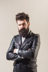 Fototapeta premium Fashion man. Man style. Handsome bearded male model portrait wear black cloth.